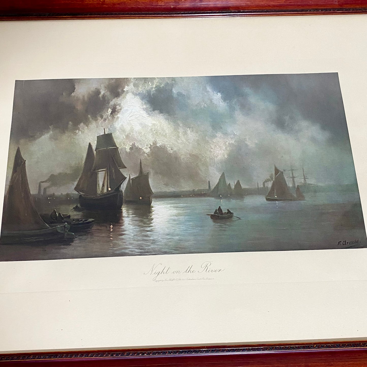 Antique 19th Century Night On The River Ships Plate Signed By F Arnold Framed