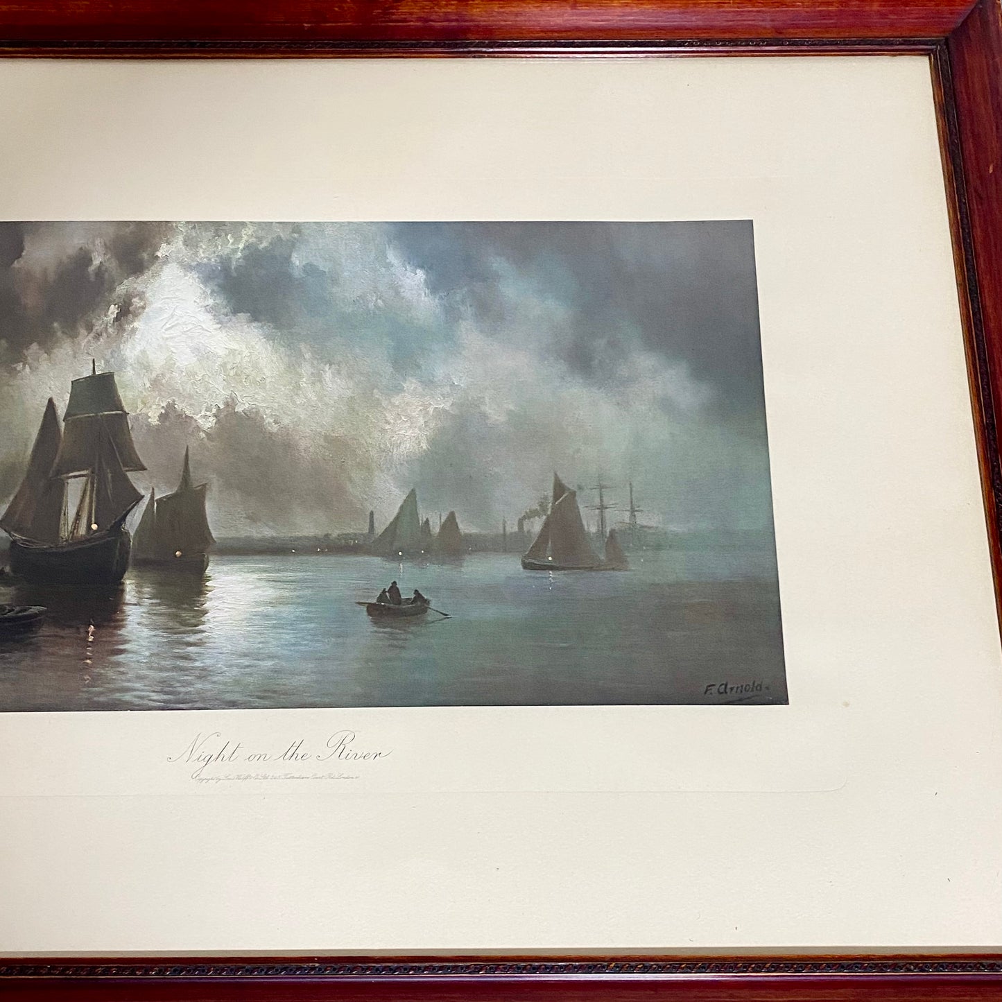 Antique 19th Century Night On The River Ships Plate Signed By F Arnold Framed