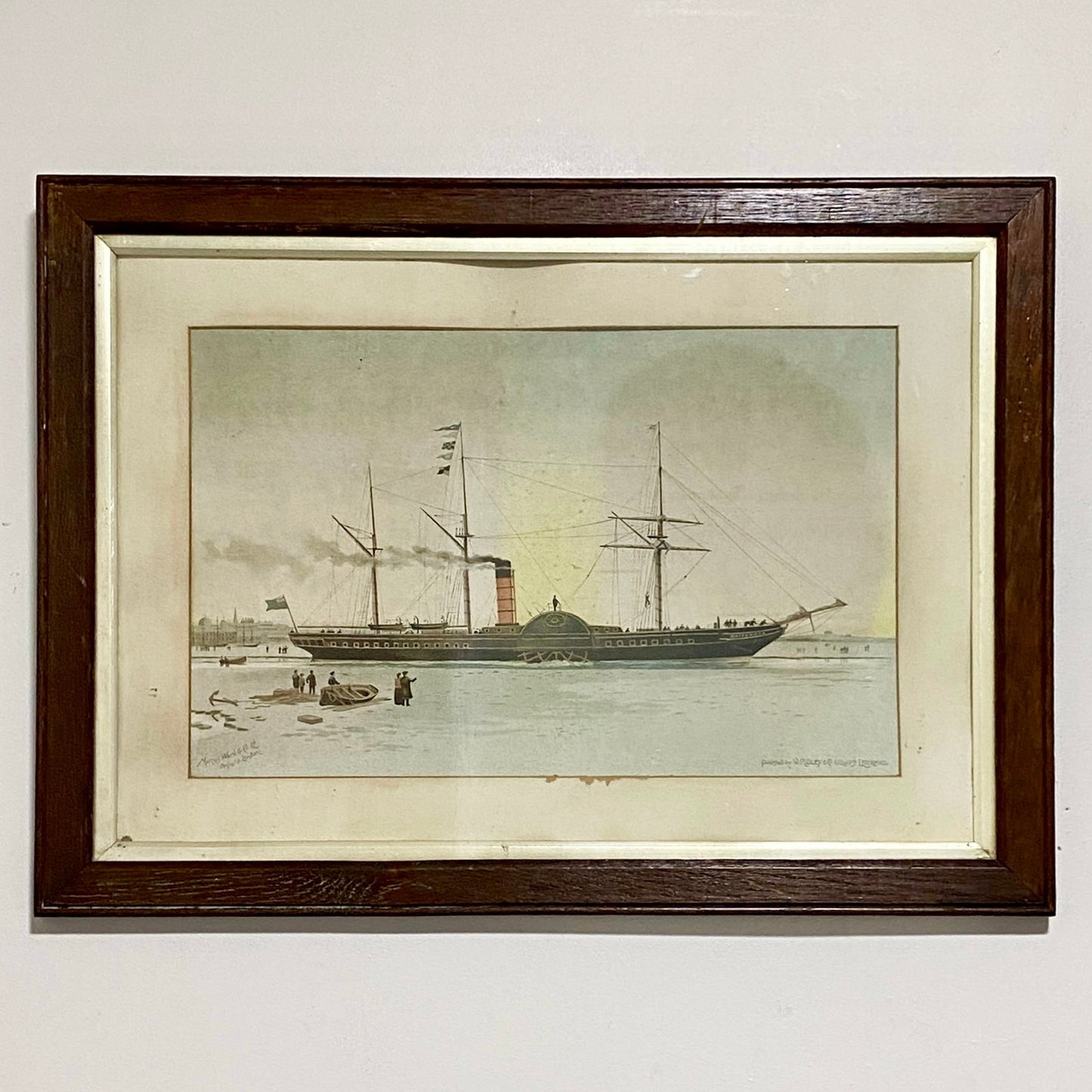 Antique The First Royal Mail Steamer RMS Britannia Chromolithograph c1840 Framed