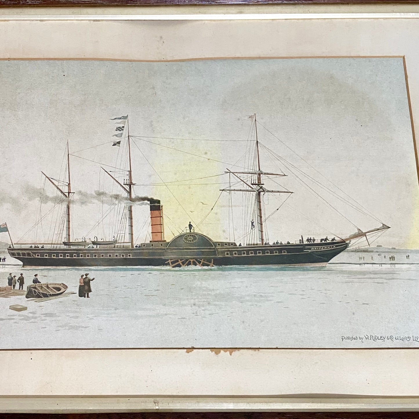 Antique The First Royal Mail Steamer RMS Britannia Chromolithograph c1840 Framed