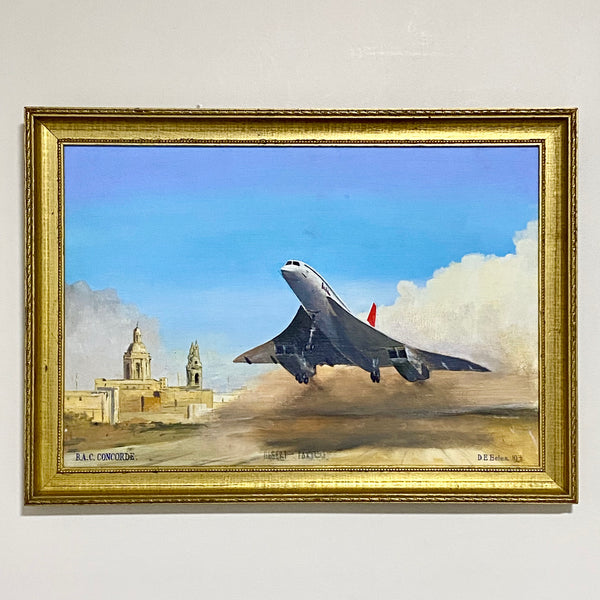 Vintage B.A.C. Concorde Desert Takeoff Oil On Board Signed D E Eeles Gilt Framed