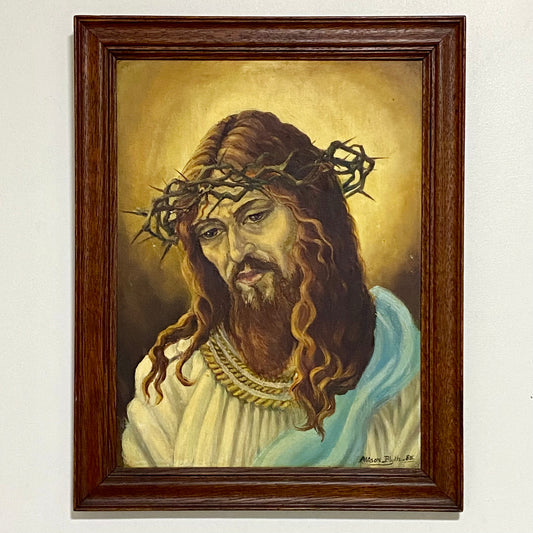 Vintage Jesus Christ Wearing Crown Of Thorns Oil Painting Signed By Alison Blyth