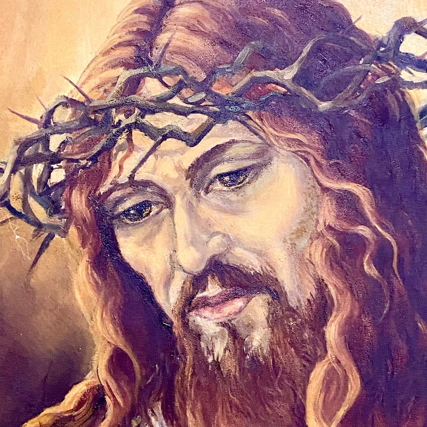 Vintage Jesus Christ Wearing Crown Of Thorns Oil Painting Signed By Alison Blyth