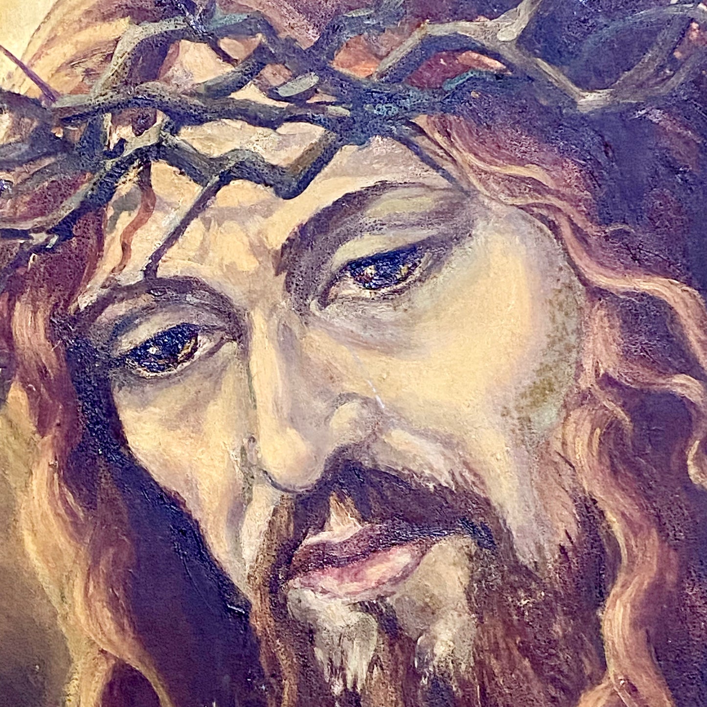Vintage Jesus Christ Wearing Crown Of Thorns Oil Painting Signed By Alison Blyth