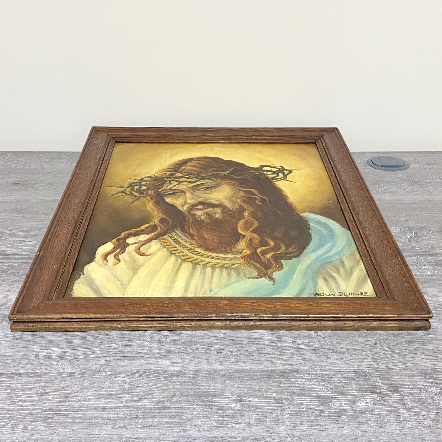 Vintage Jesus Christ Wearing Crown Of Thorns Oil Painting Signed By Alison Blyth