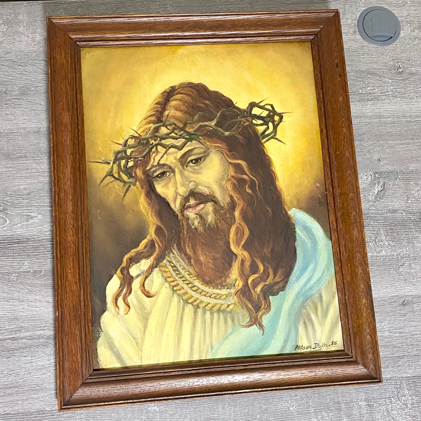 Vintage Jesus Christ Wearing Crown Of Thorns Oil Painting Signed By Alison Blyth