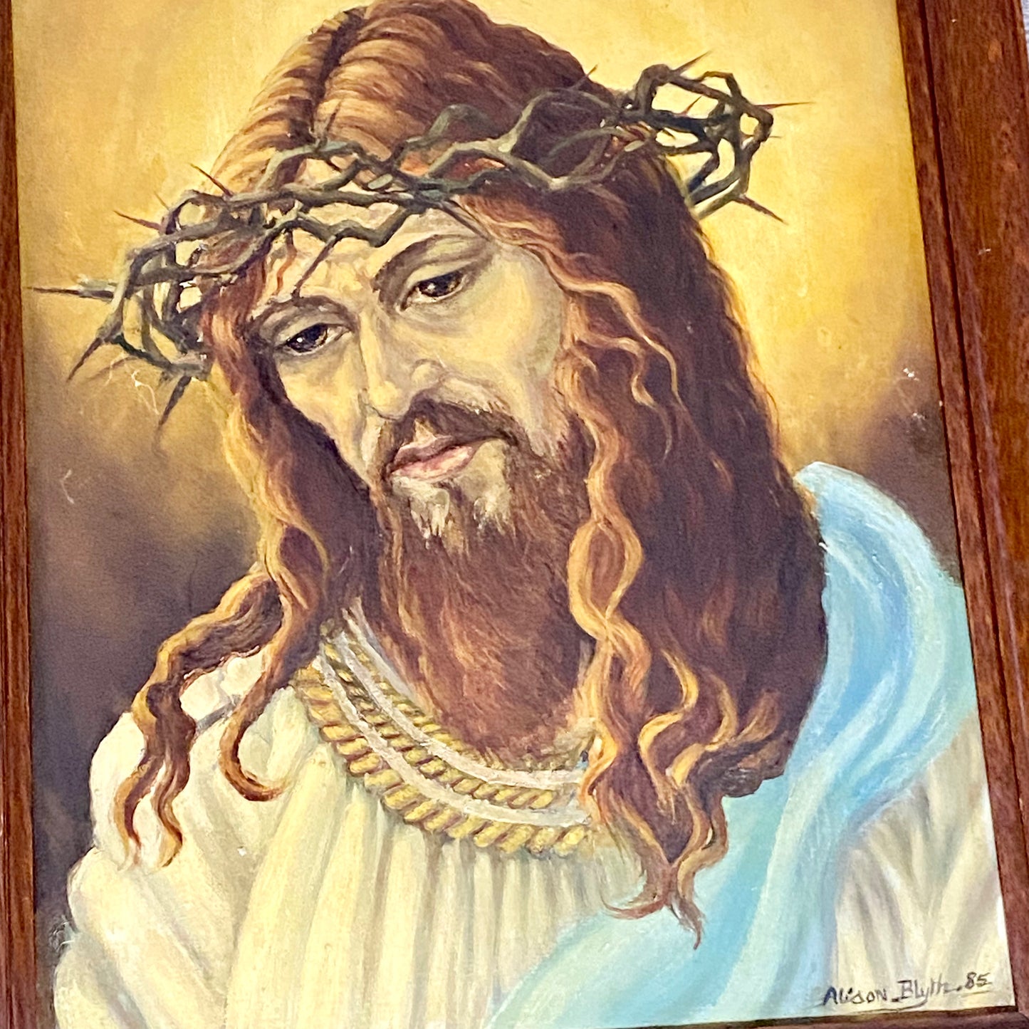 Vintage Jesus Christ Wearing Crown Of Thorns Oil Painting Signed By Alison Blyth