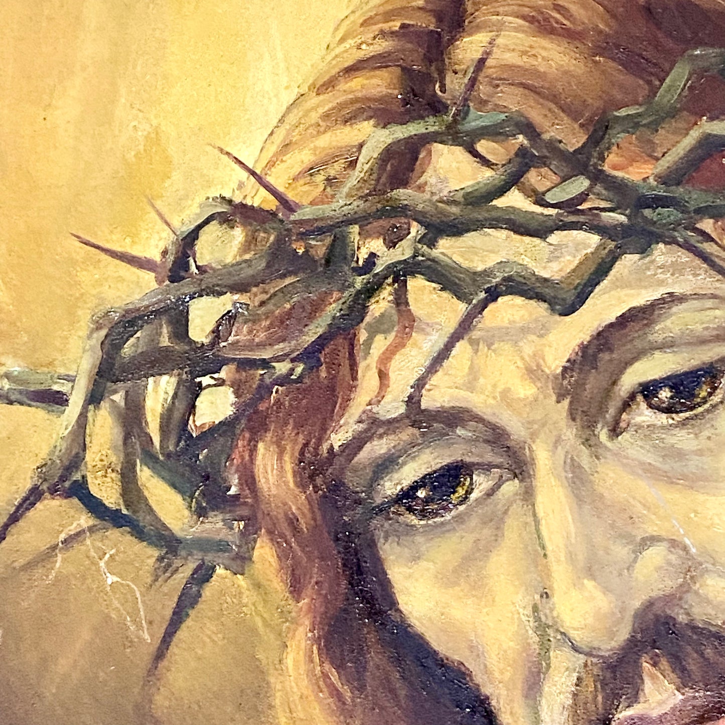Vintage Jesus Christ Wearing Crown Of Thorns Oil Painting Signed By Alison Blyth