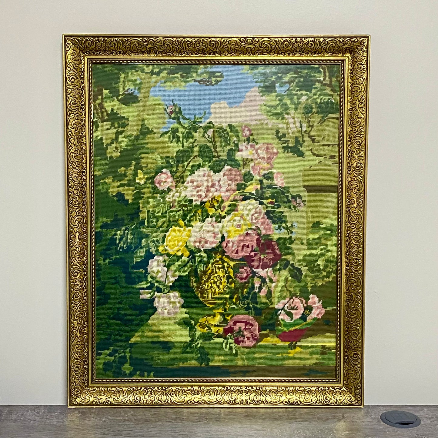 Vintage Floral Tapestry Flowers In Vase Needlepoint Wall Art Gold Framed Rare