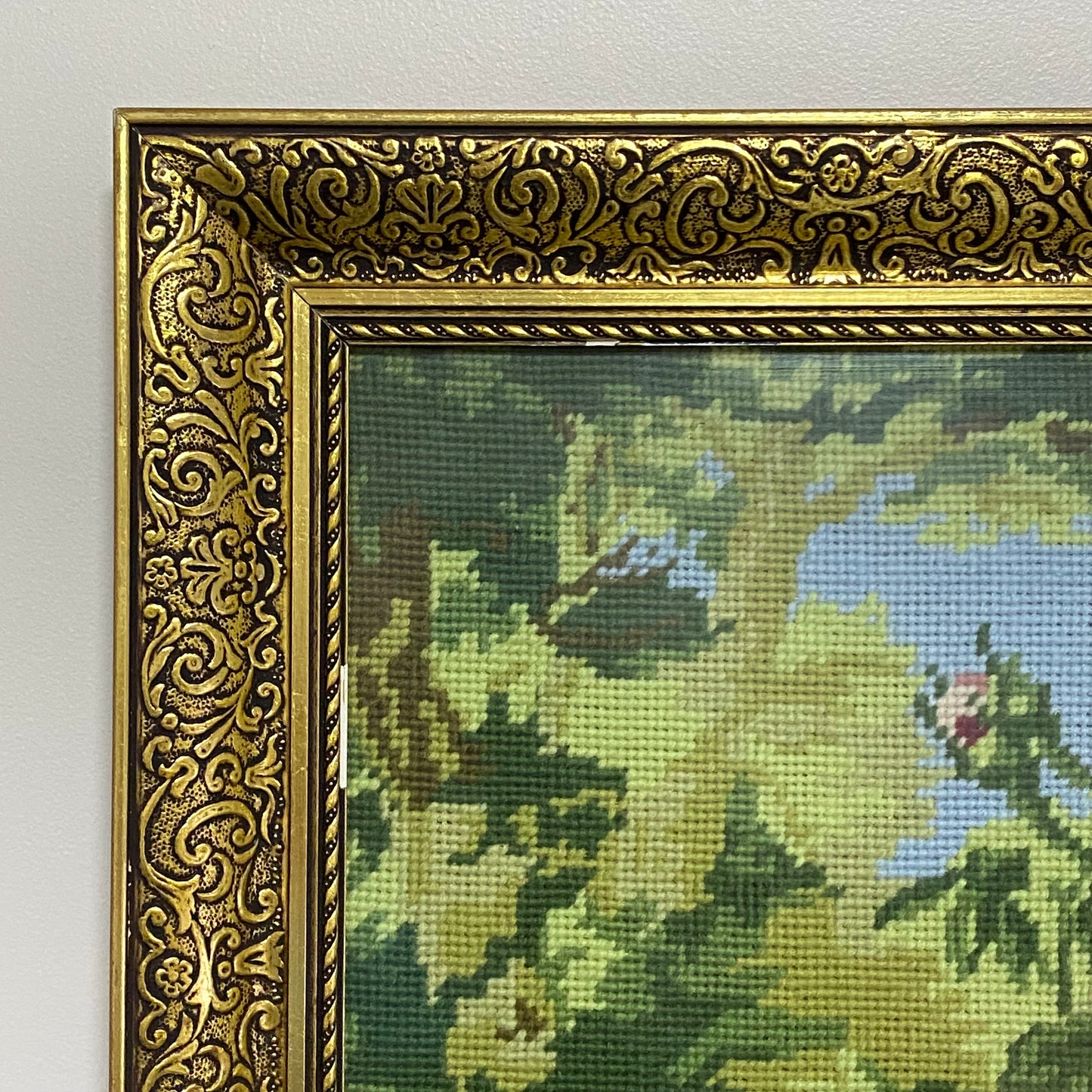 Vintage Floral Tapestry Flowers In Vase Needlepoint Wall Art Gold Framed Rare