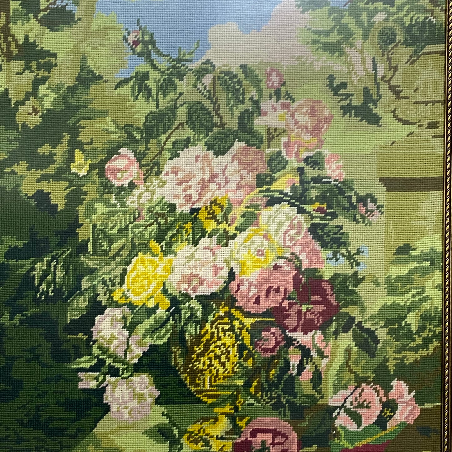 Vintage Floral Tapestry Flowers In Vase Needlepoint Wall Art Gold Framed Rare