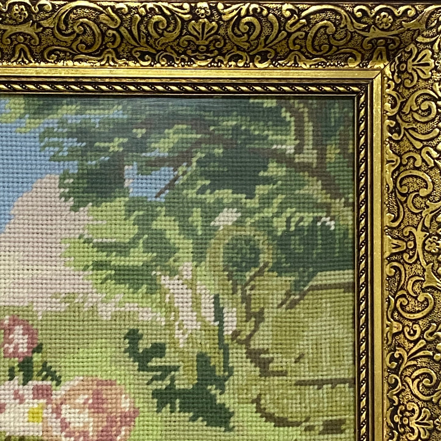 Vintage Floral Tapestry Flowers In Vase Needlepoint Wall Art Gold Framed Rare