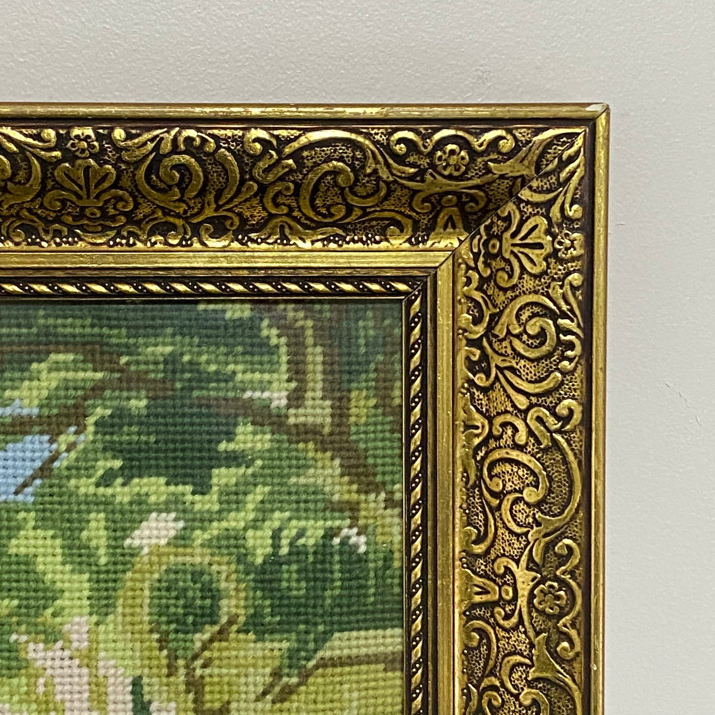 Vintage Floral Tapestry Flowers In Vase Needlepoint Wall Art Gold Framed Rare