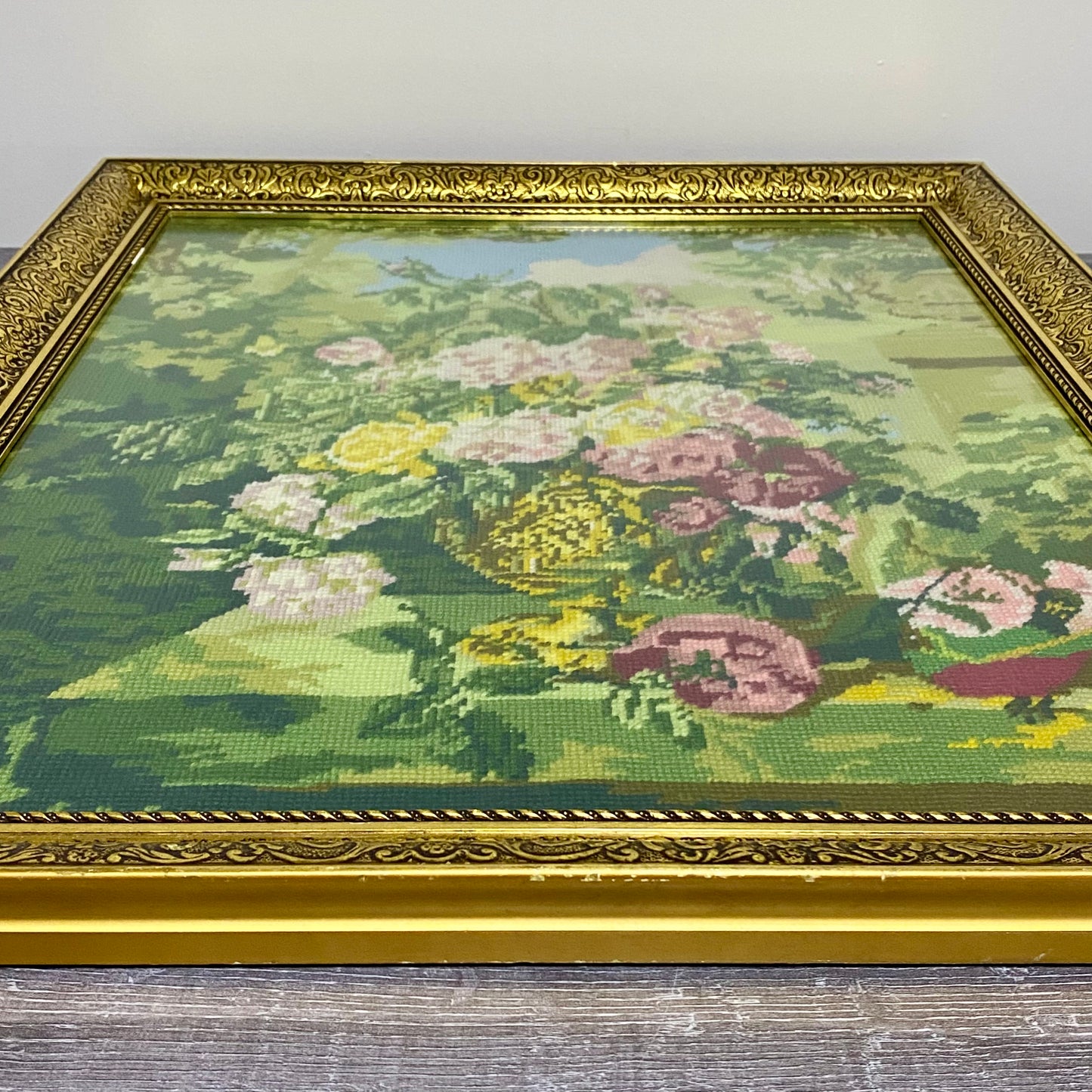 Vintage Floral Tapestry Flowers In Vase Needlepoint Wall Art Gold Framed Rare