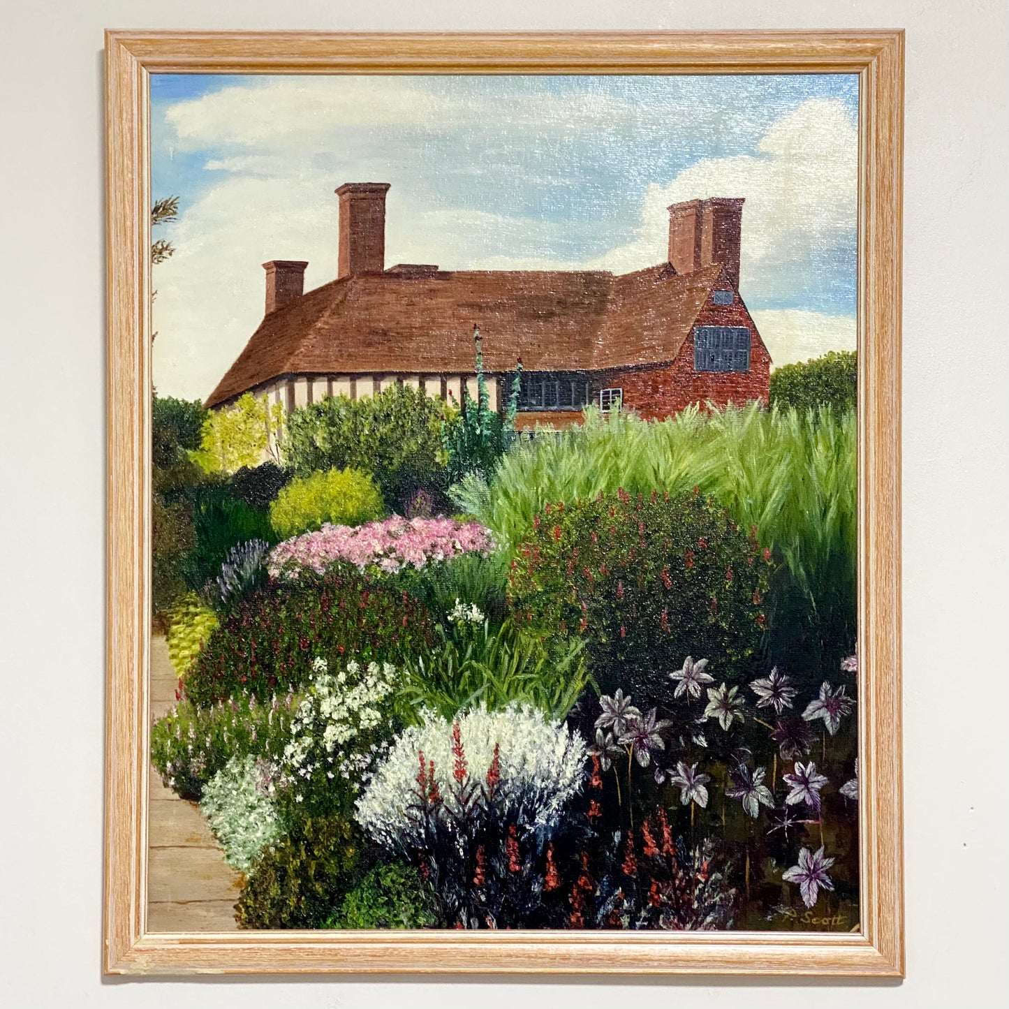 Vintage Great Dixter House & Gardens Scenery Oil Painting Signed P Scott Framed