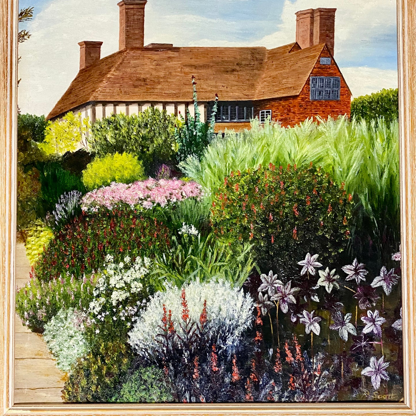 Vintage Great Dixter House & Gardens Scenery Oil Painting Signed P Scott Framed