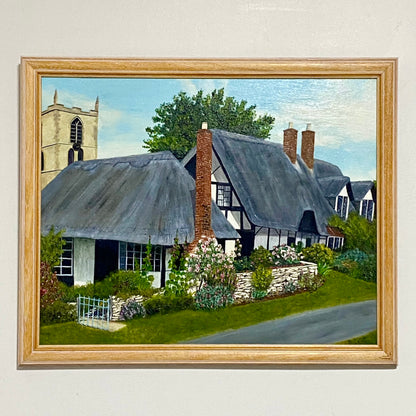 Vintage Thatched Cottage Welford-on-Avon Oil Painting Signed P Scott 1989 Framed