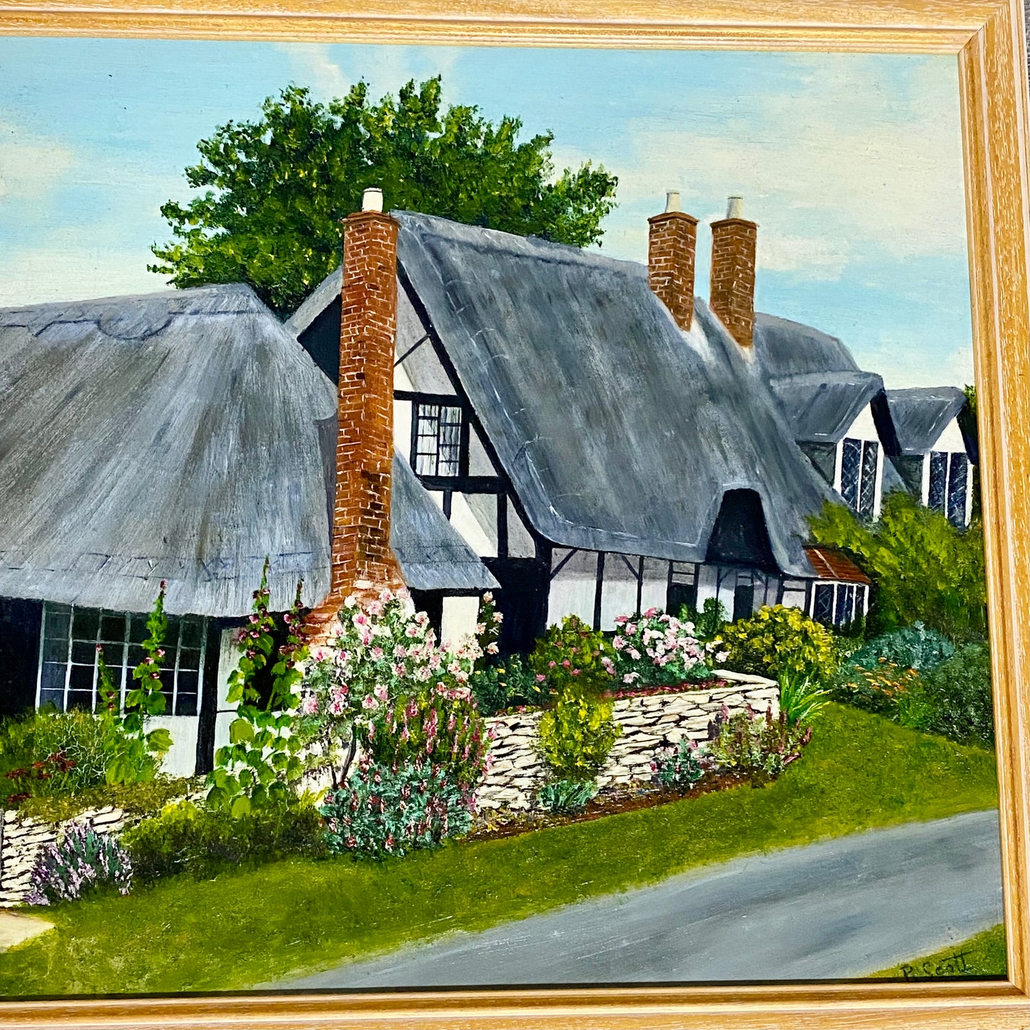 Vintage Thatched Cottage Welford-on-Avon Oil Painting Signed P Scott 1989 Framed