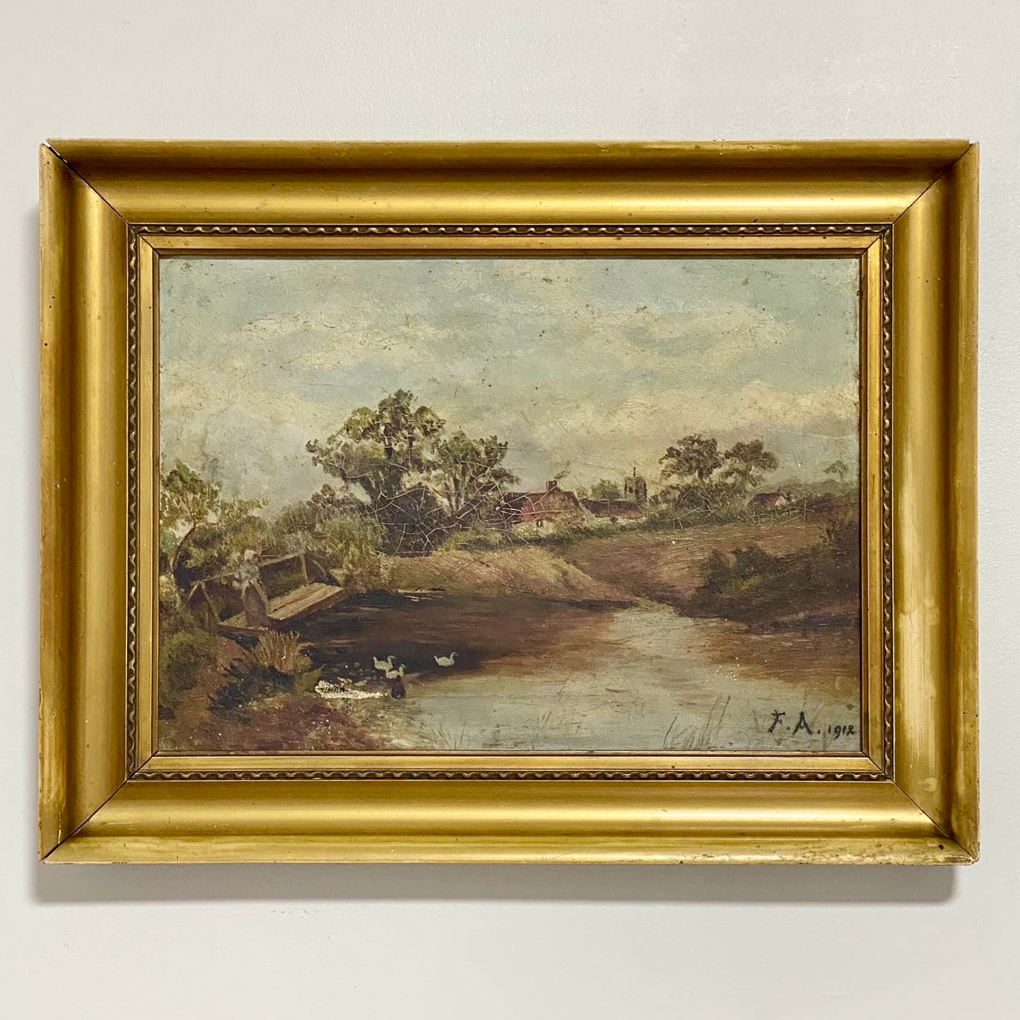 Antique Lady By Lake Rural Scene With Ducks Oil On Canvas Signed F A 1912 Framed