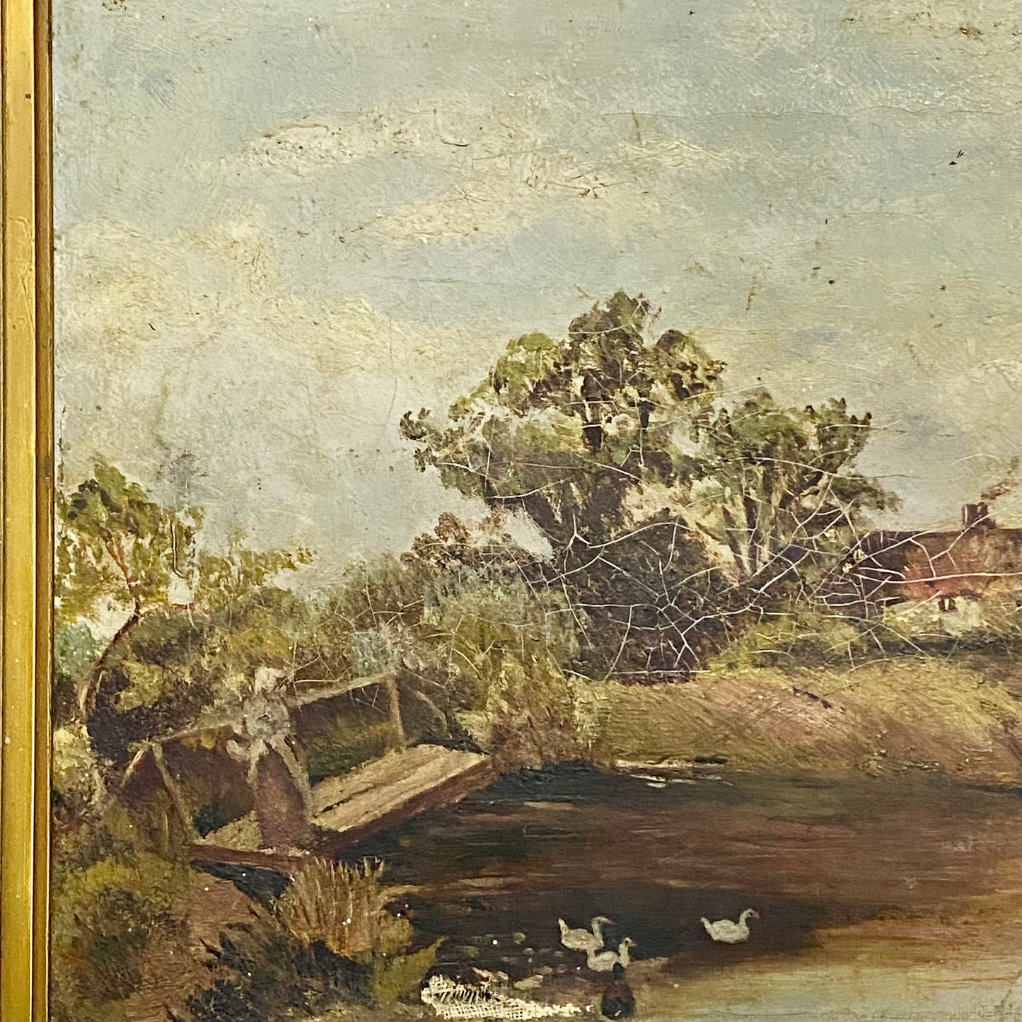 Antique Lady By Lake Rural Scene With Ducks Oil On Canvas Signed F A 1912 Framed