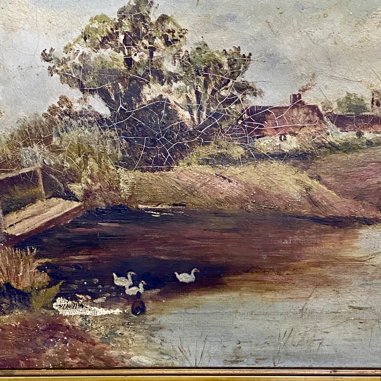 Antique Lady By Lake Rural Scene With Ducks Oil On Canvas Signed F A 1912 Framed