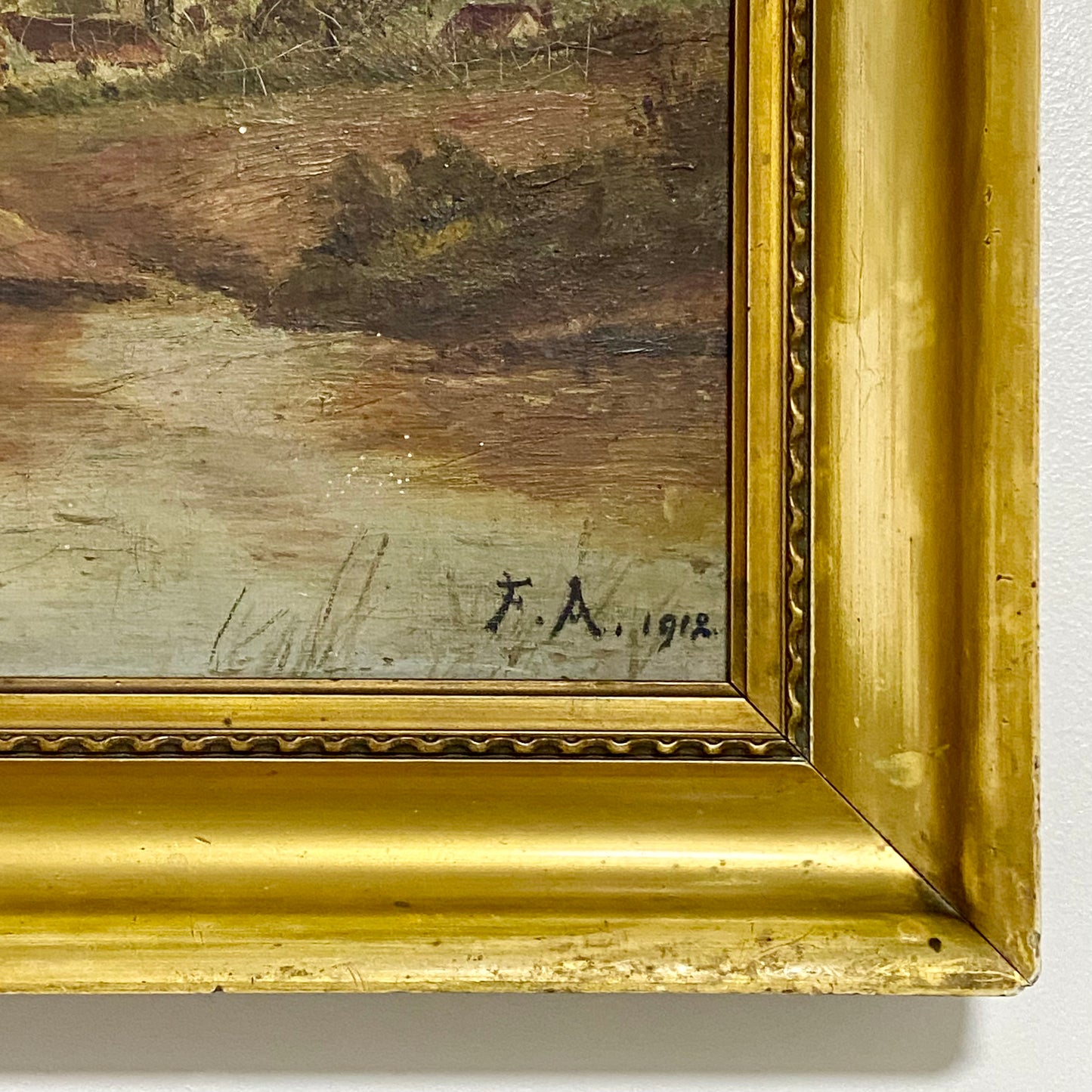 Antique Lady By Lake Rural Scene With Ducks Oil On Canvas Signed F A 1912 Framed