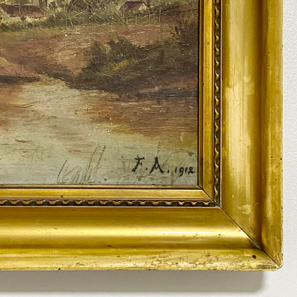 Antique Lady By Lake Rural Scene With Ducks Oil On Canvas Signed F A 1912 Framed