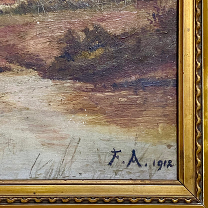 Antique Lady By Lake Rural Scene With Ducks Oil On Canvas Signed F A 1912 Framed