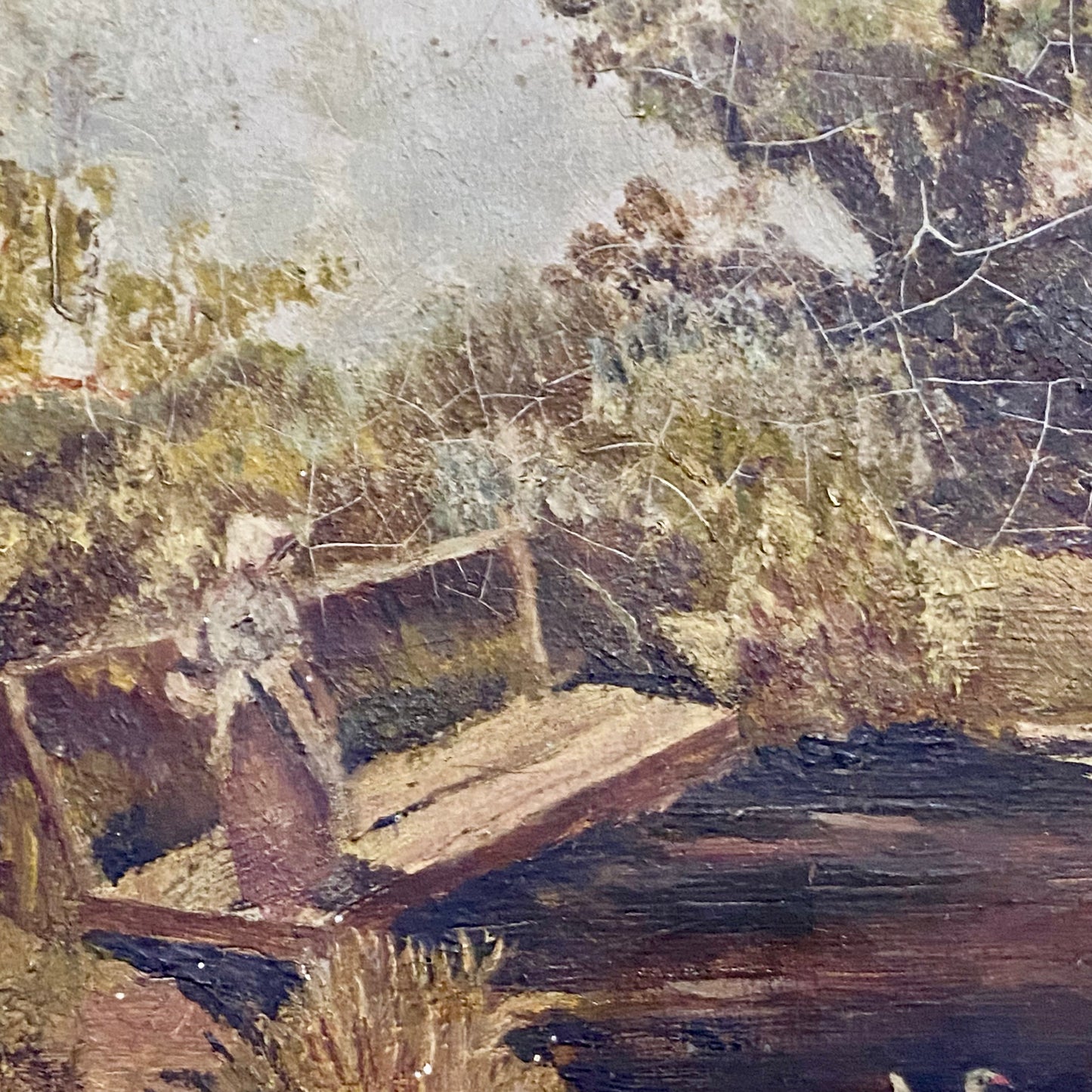 Antique Lady By Lake Rural Scene With Ducks Oil On Canvas Signed F A 1912 Framed