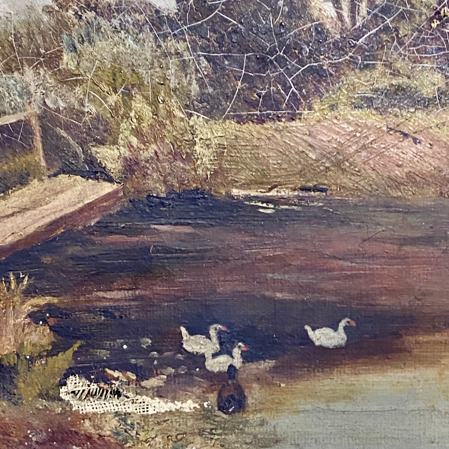 Antique Lady By Lake Rural Scene With Ducks Oil On Canvas Signed F A 1912 Framed