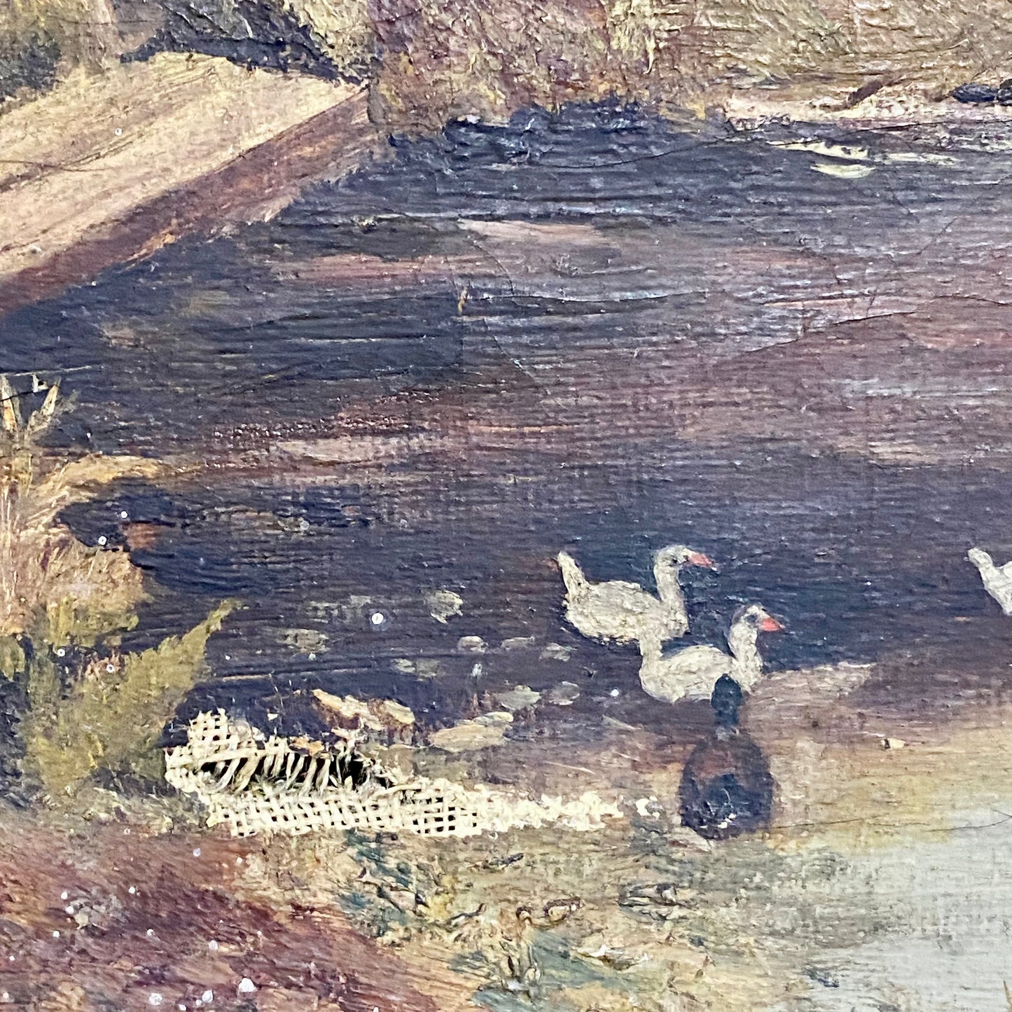 Antique Lady By Lake Rural Scene With Ducks Oil On Canvas Signed F A 1912 Framed