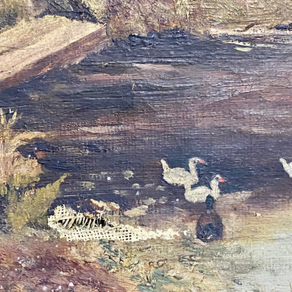 Antique Lady By Lake Rural Scene With Ducks Oil On Canvas Signed F A 1912 Framed