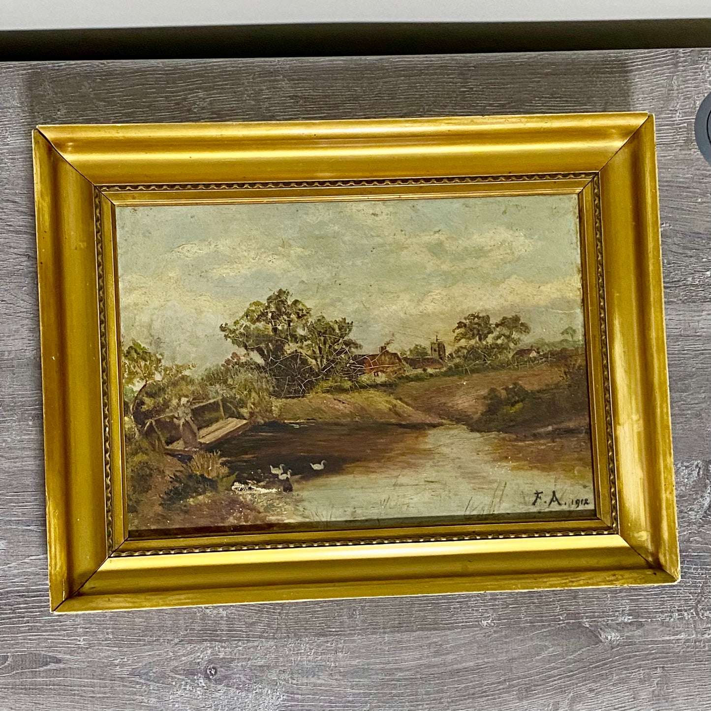 Antique Lady By Lake Rural Scene With Ducks Oil On Canvas Signed F A 1912 Framed