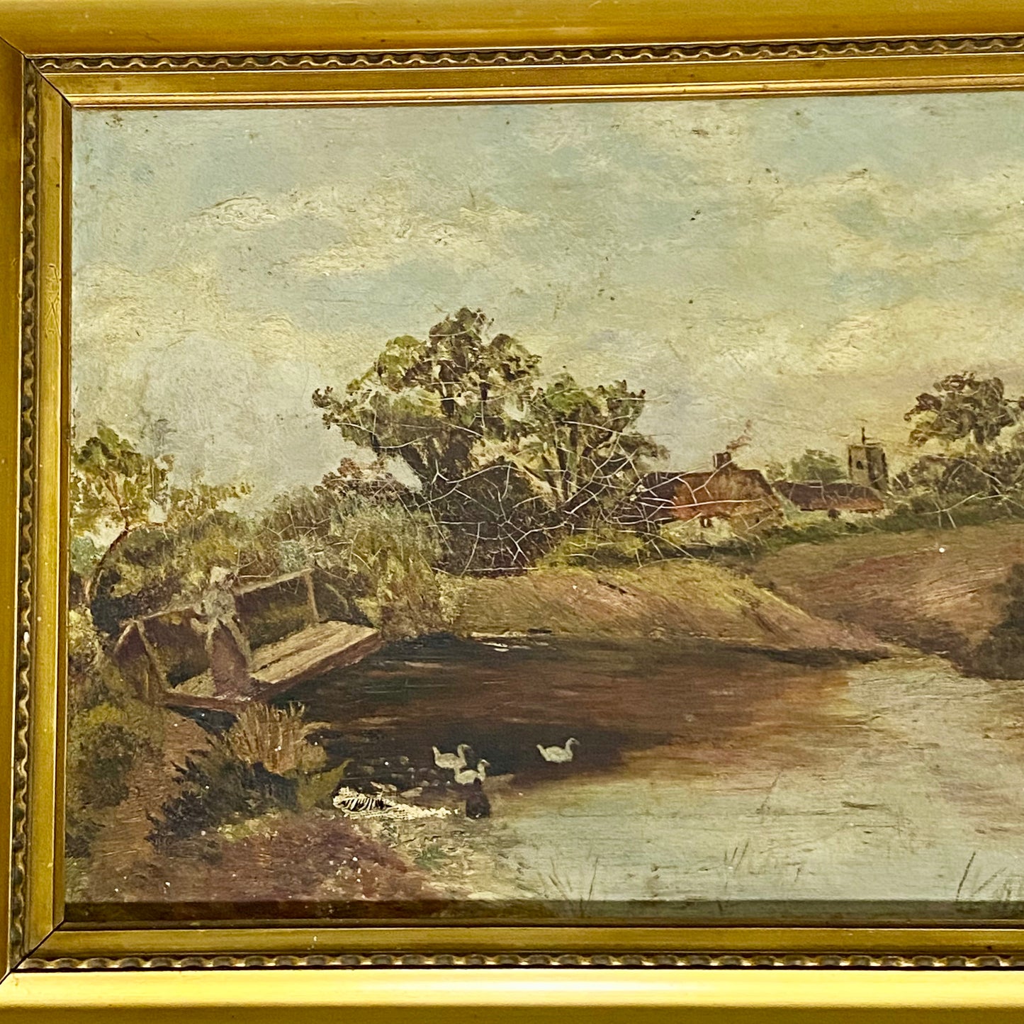 Antique Lady By Lake Rural Scene With Ducks Oil On Canvas Signed F A 1912 Framed