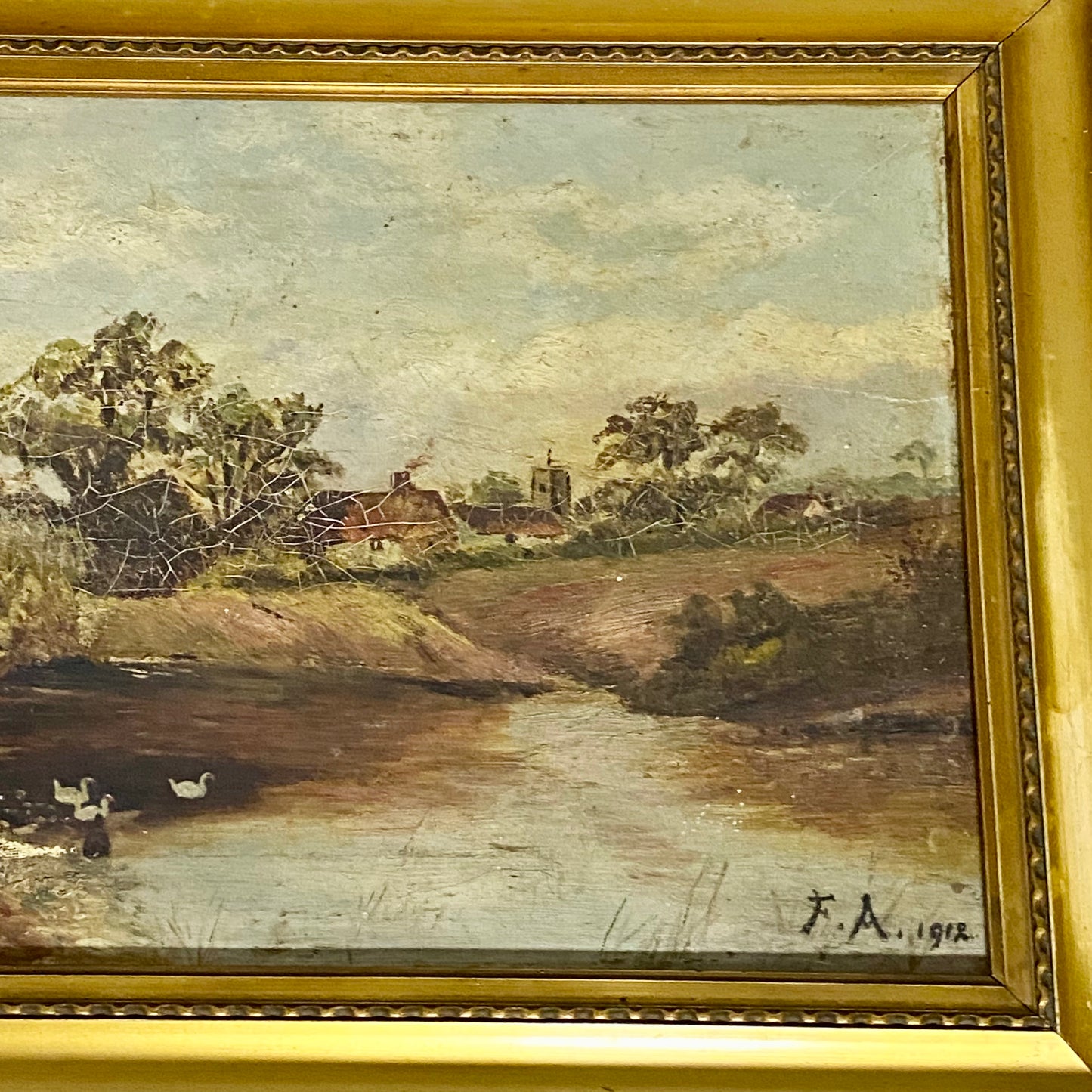 Antique Lady By Lake Rural Scene With Ducks Oil On Canvas Signed F A 1912 Framed