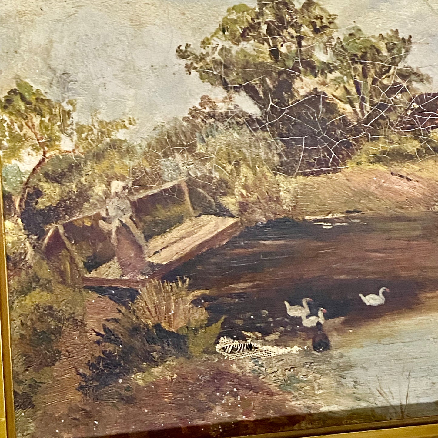 Antique Lady By Lake Rural Scene With Ducks Oil On Canvas Signed F A 1912 Framed