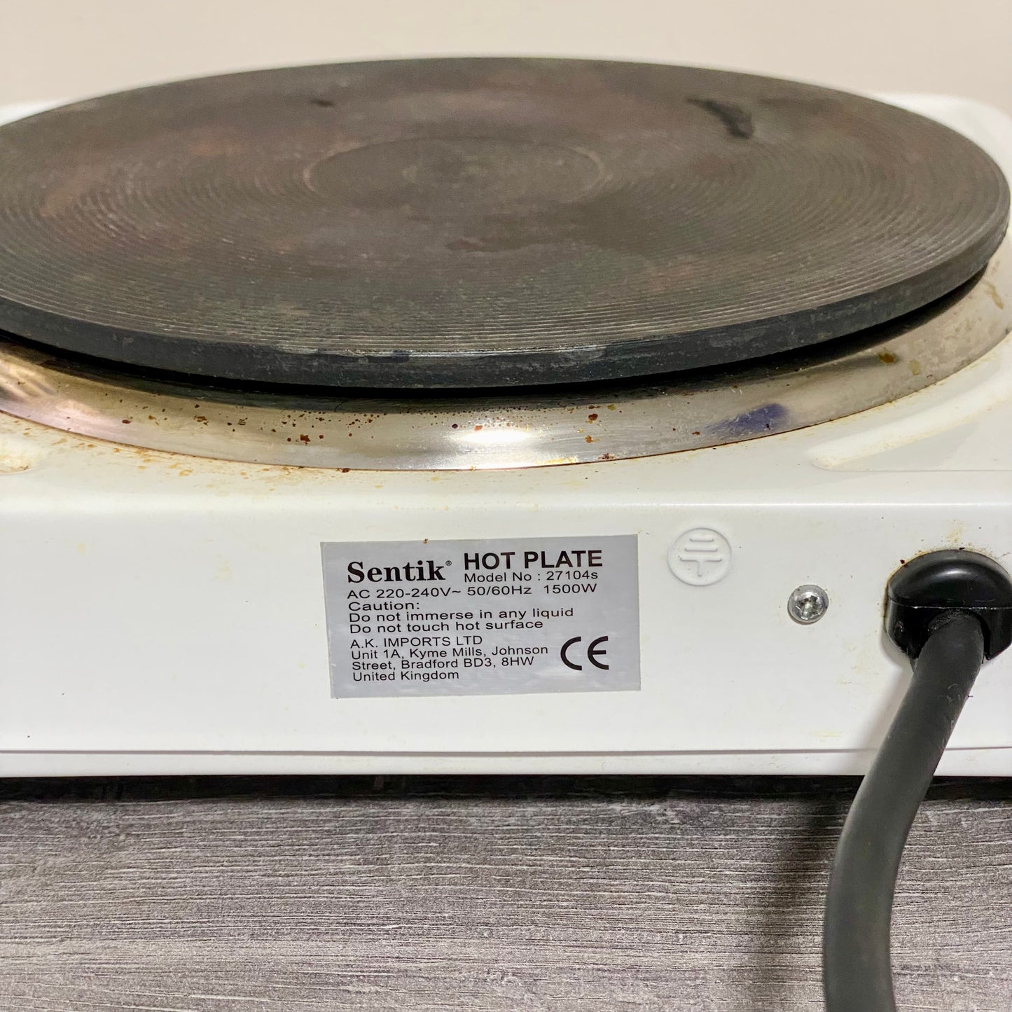 Sentik Single Electric Hot Plate Adjustable 1500W UK Plug White Fully Working