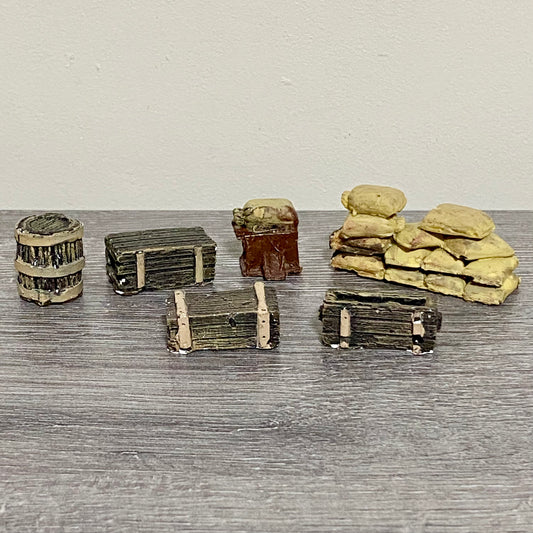 28mm Sandbag Barrel & Wooden Crates Set Painted Resin Miniatures Wargames 6 Figs