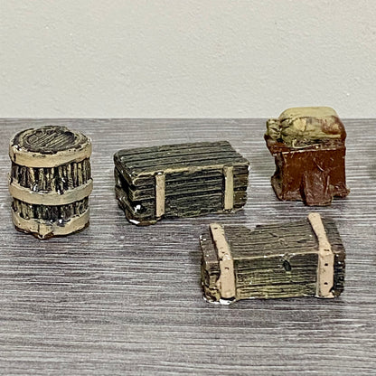 28mm Sandbag Barrel & Wooden Crates Set Painted Resin Miniatures Wargames 6 Figs