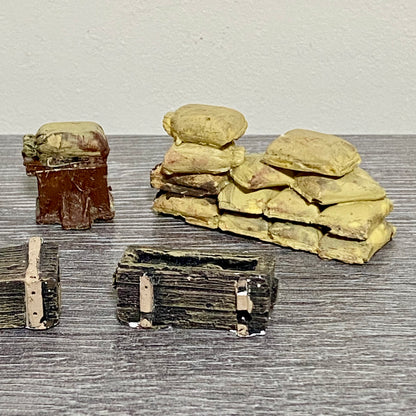 28mm Sandbag Barrel & Wooden Crates Set Painted Resin Miniatures Wargames 6 Figs