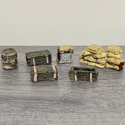 28mm Sandbag Barrel & Wooden Crates Set Painted Resin Miniatures Wargames 6 Figs