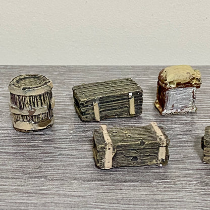 28mm Sandbag Barrel & Wooden Crates Set Painted Resin Miniatures Wargames 6 Figs