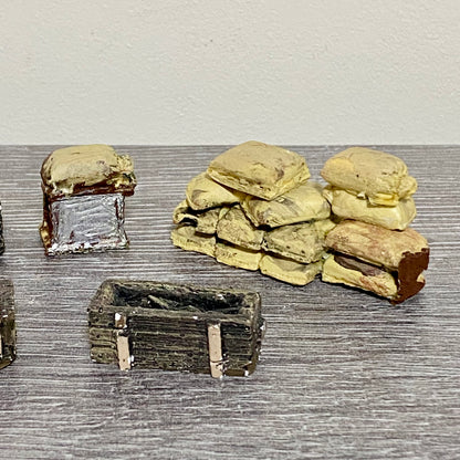 28mm Sandbag Barrel & Wooden Crates Set Painted Resin Miniatures Wargames 6 Figs