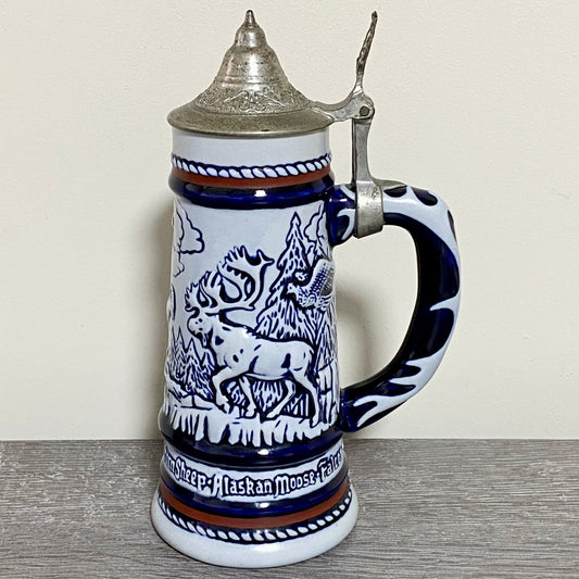 Vintage Avon Rocky Mountain Moose Ceramic Beer Stein Blue 1976 Tankard With Lid