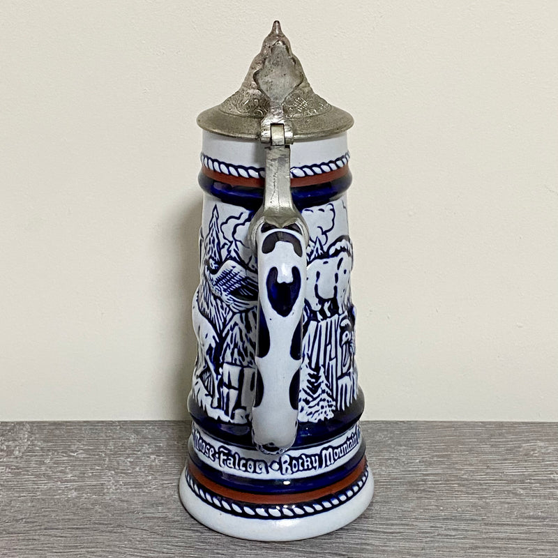 Vintage Avon Rocky Mountain Moose Ceramic Beer Stein Blue 1976 Tankard With Lid