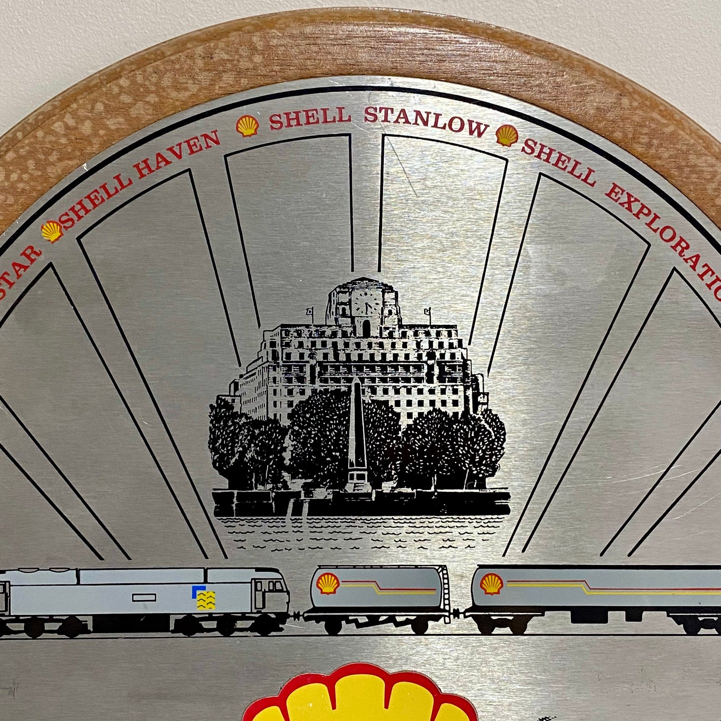 Shell Garage Train Locomotive Wall Sign Plaque Wood & Metal Man Cave Very Rare