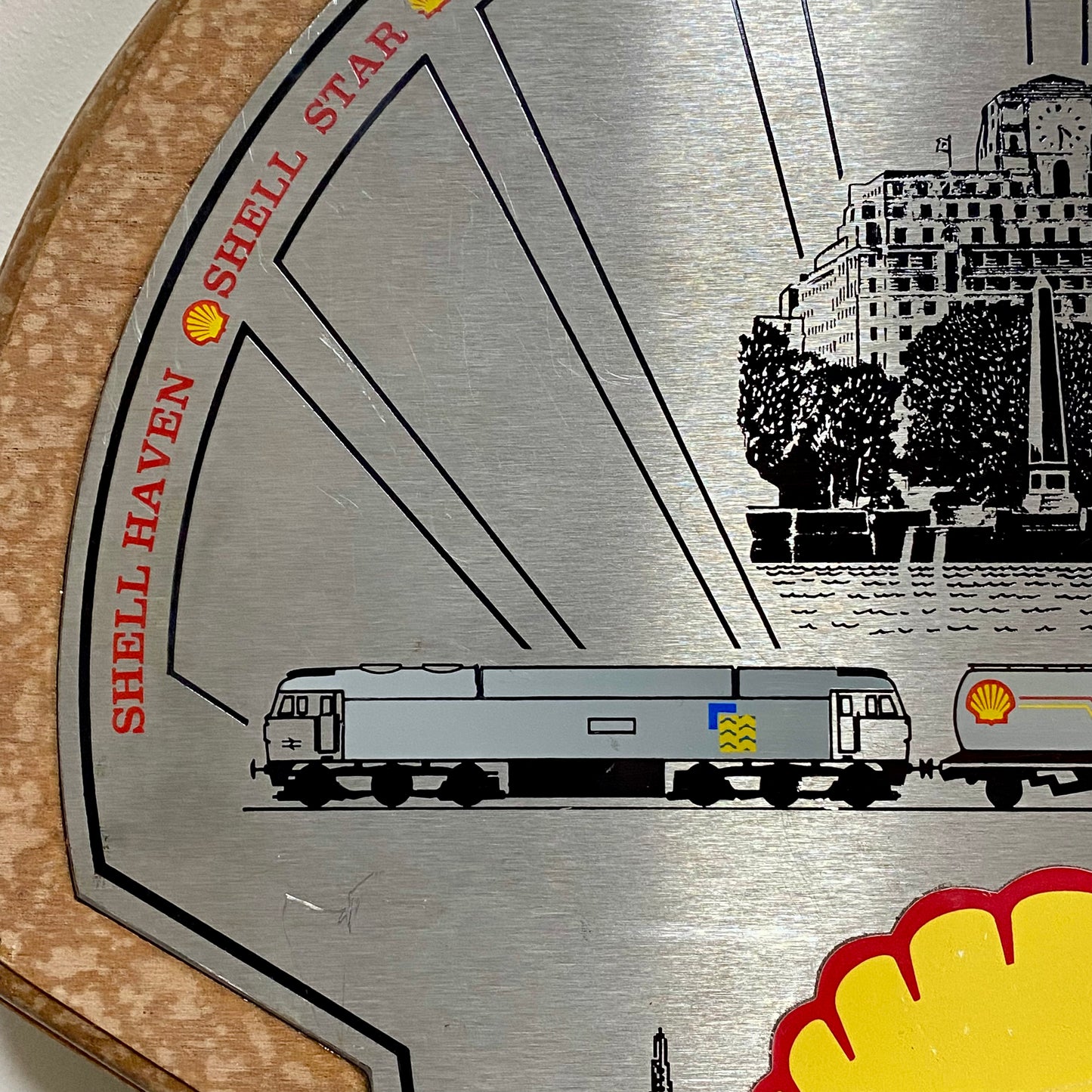 Shell Garage Train Locomotive Wall Sign Plaque Wood & Metal Man Cave Very Rare