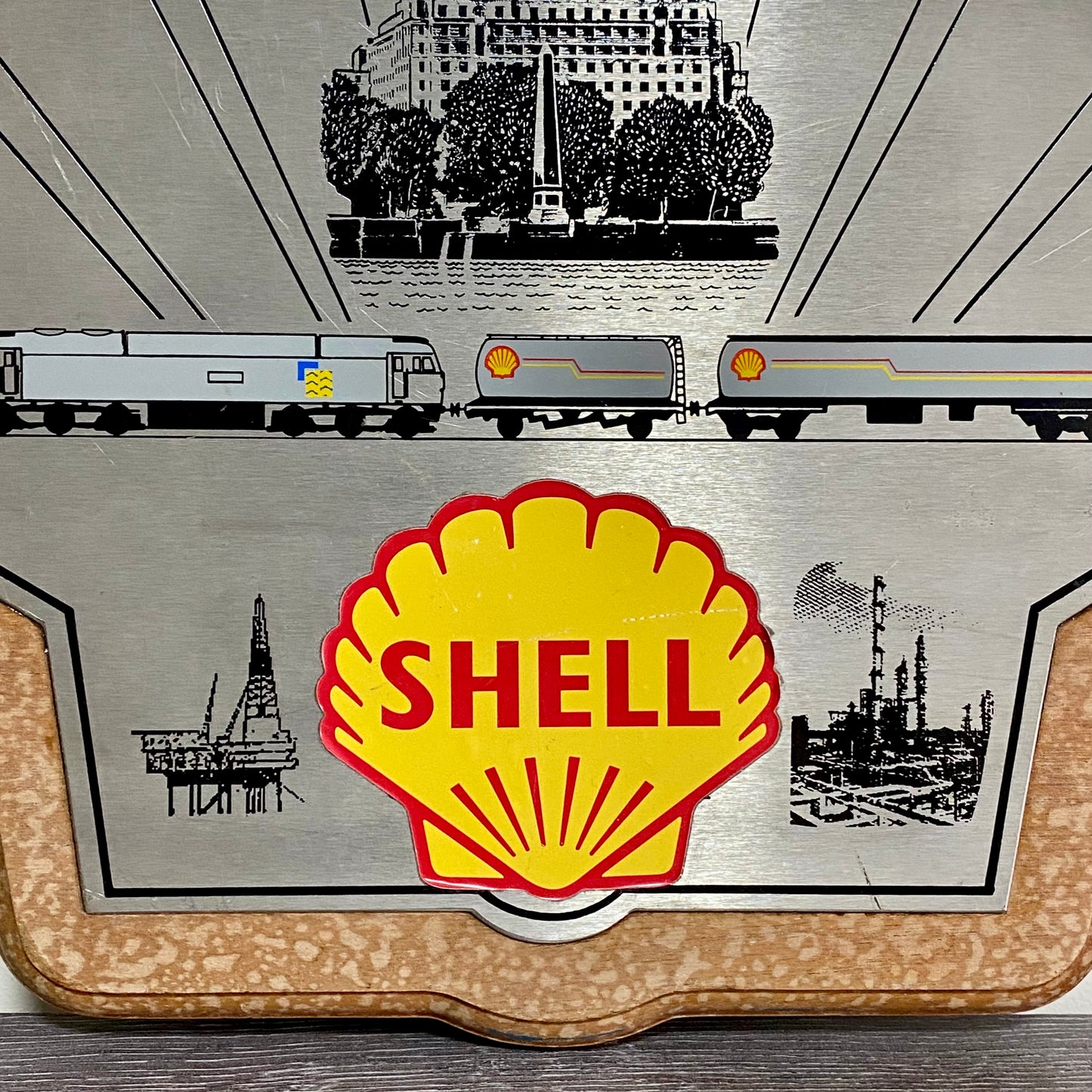 Shell Garage Train Locomotive Wall Sign Plaque Wood & Metal Man Cave Very Rare