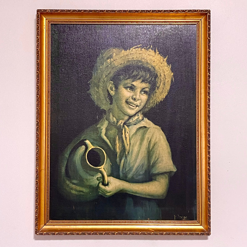 Vintage Mid Century Country Boy Print On Board Plate Signed Tovine Gilt Framed