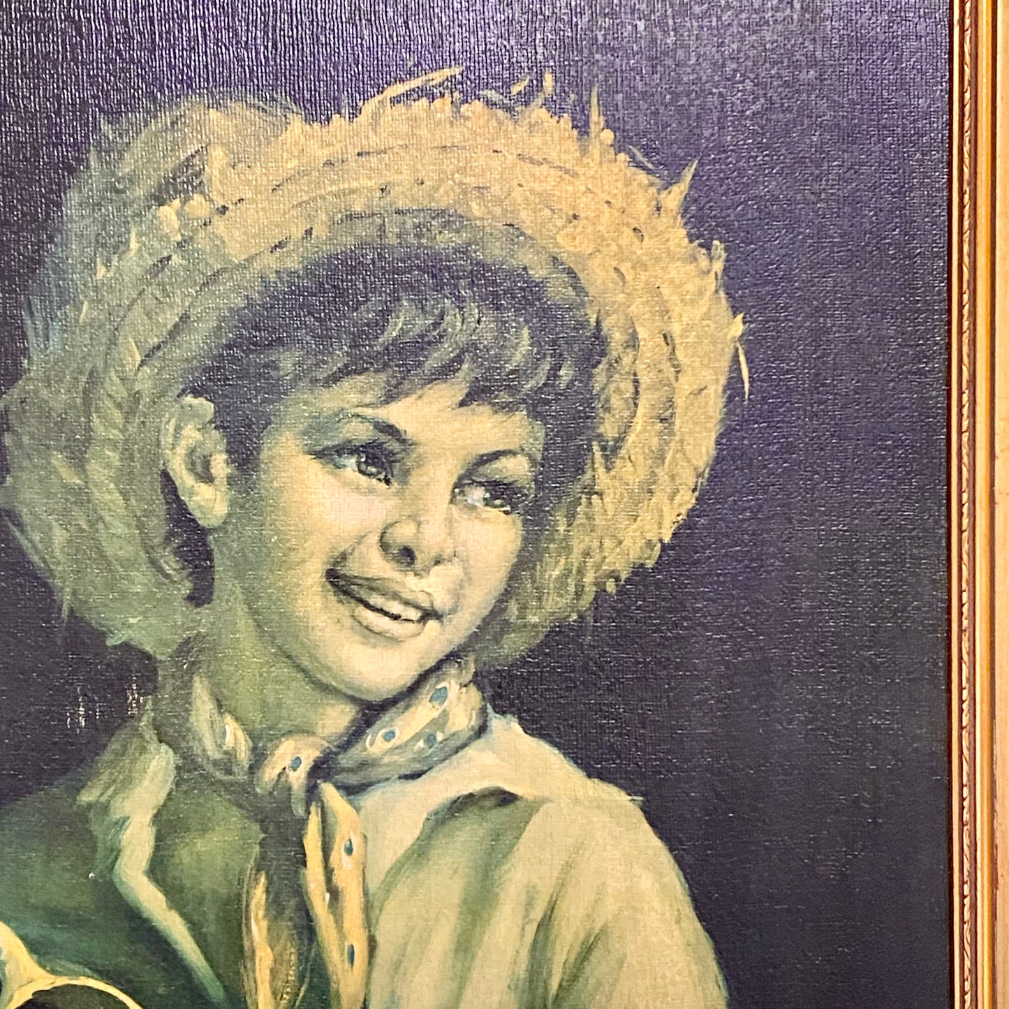 Vintage Mid Century Country Boy Print On Board Plate Signed Tovine Gilt Framed